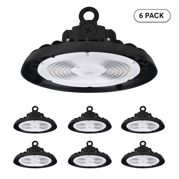 [6-Pack] Lumight UFO LED Round High Bay Light – 200W/250W/300W Selectable, 3CCT (3500K/4000K/5000K), 32,000–48,000 Lumens, 120–277V, 0–10V Dimmable, Black/White Finish – Industrial & Commercial High-Ceiling Fixture